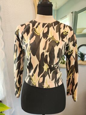 Monki Abstract Print Long-Sleeve Top in Beige, Black & Olive